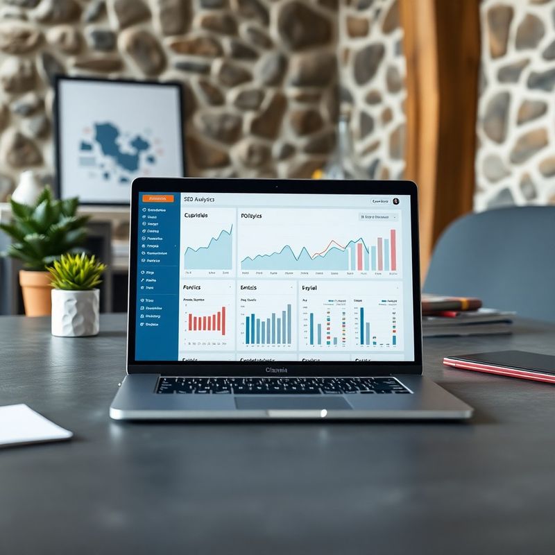 Bližnji posnetek analitičnega SEO nadzorne plošče na prenosnem računalniku