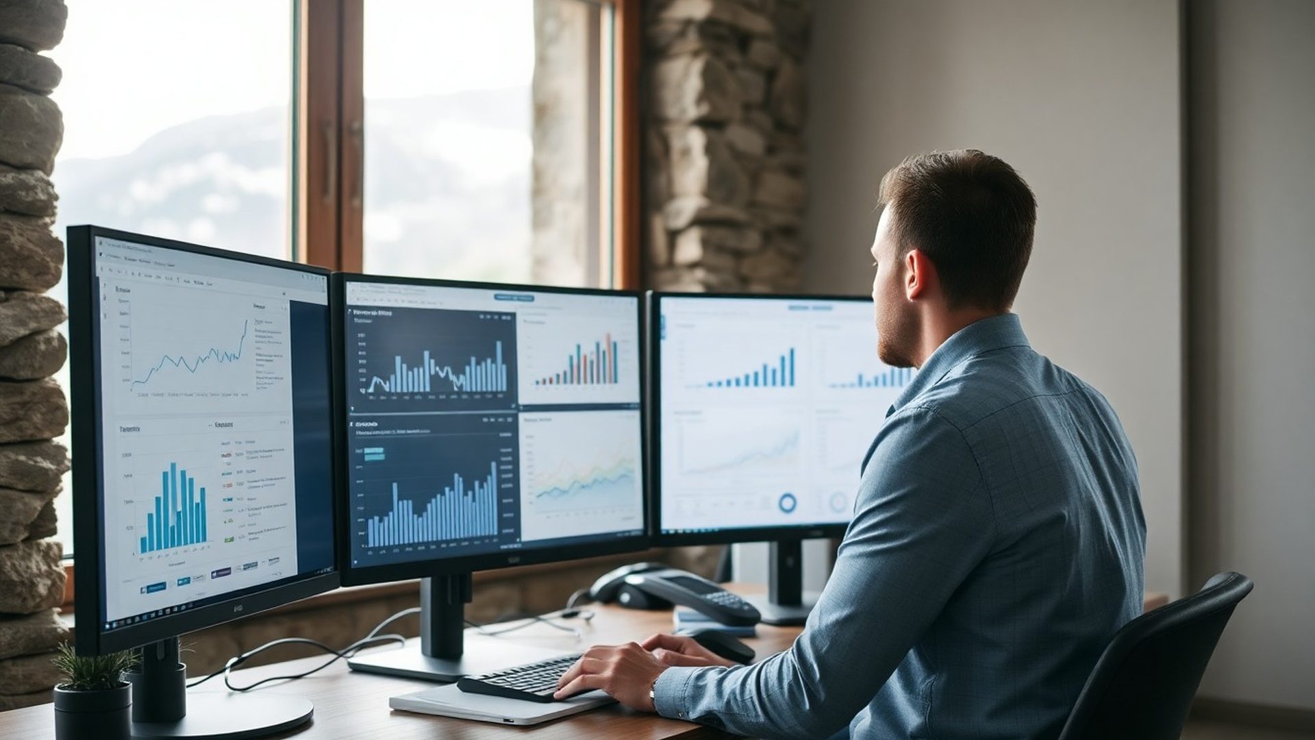 Analitik pregleduje podatke SEO revizije na dveh monitorjih v profesionalnem okolju v Velenju